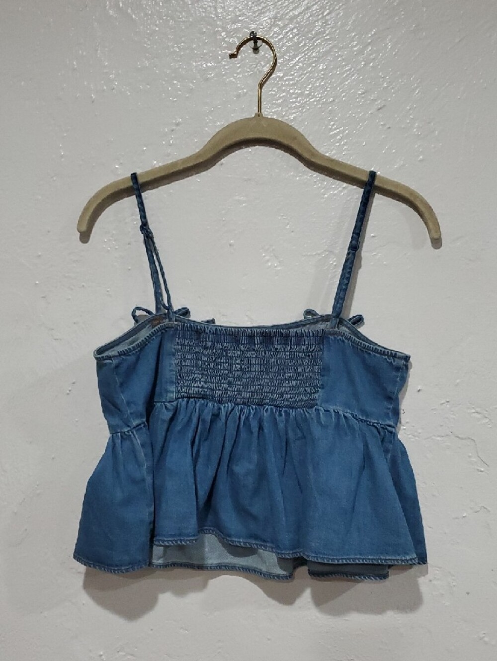 AEO Denim Bow-Detail Spaghetti Strap Peplum Top - Size M - Picture 8 of 13